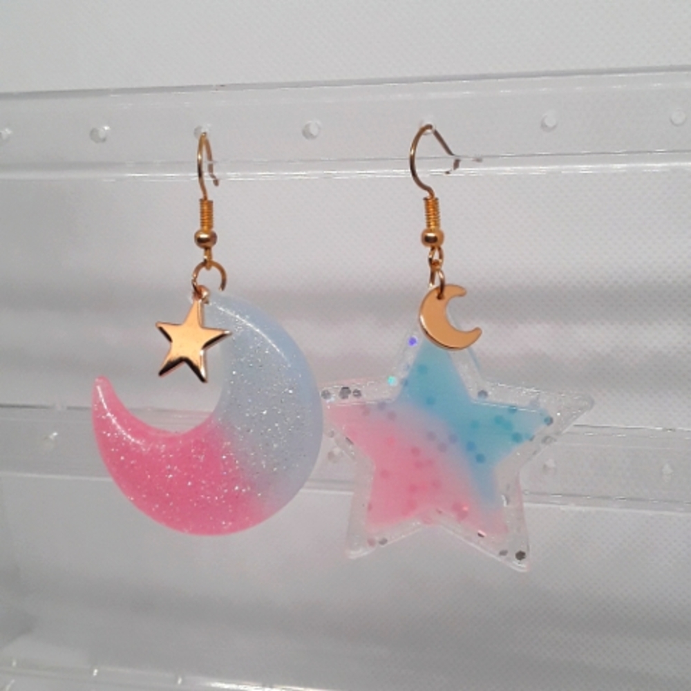 Pastel Moon & Star Mismatch Earrings Glitter Blue & Pink Resin with Gold Charms